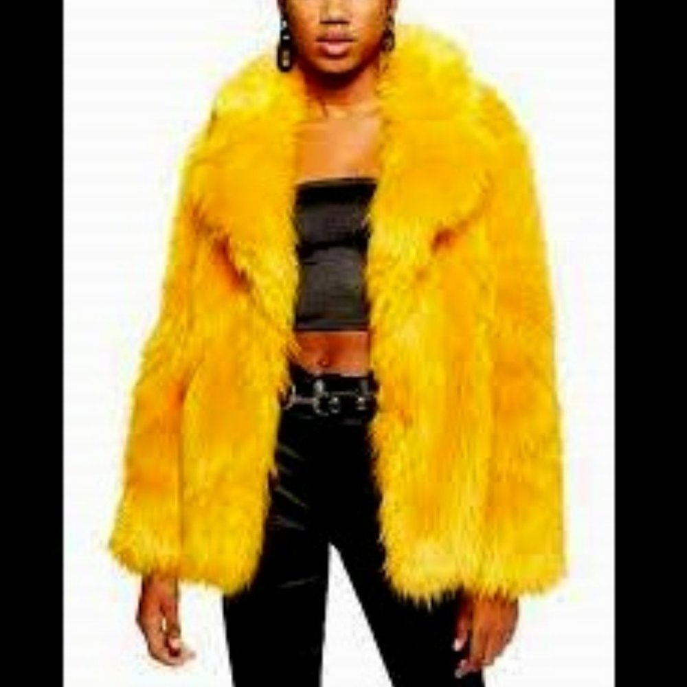 💥STUNNING💥GUESS FAUX FUR COAT in YELLOW HONEY GOLD - Picture 5 of 15
